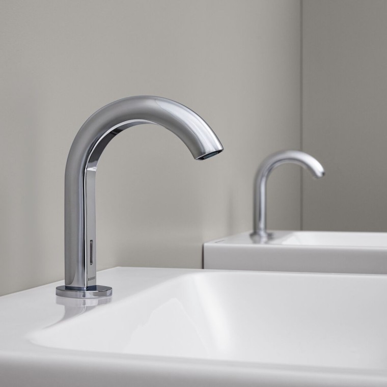 Geberit Piave electronic deck-mounted tap in chrome with infrared sensor for touchless operation Geberit Piave electronic deck-mounted tap in chrome with infrared sensor for touchless operation