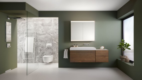 Spacious bathroom with Geberit ONE furniture and ceramics and wall drain