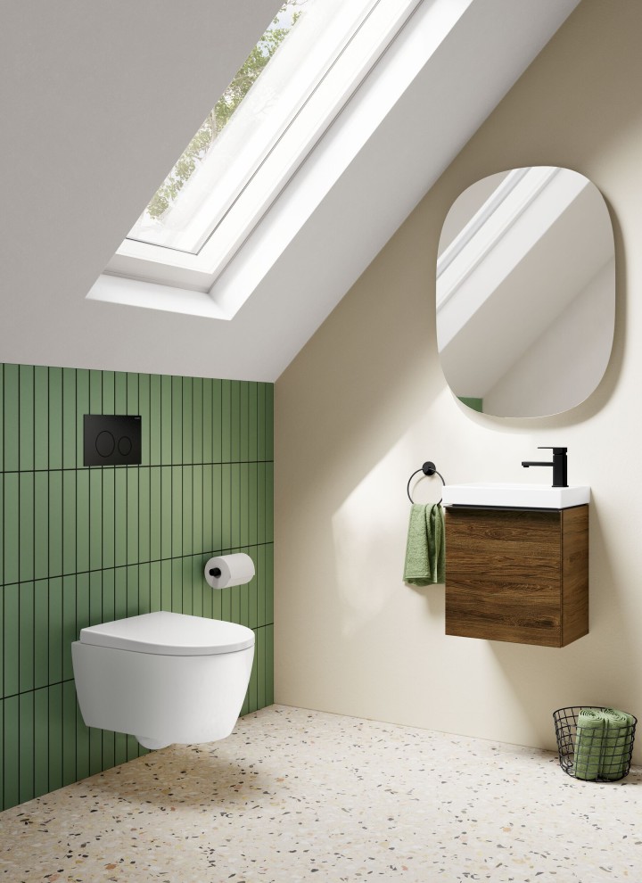 Small Geberit iCon guest bathroom with wooden furniture Small Geberit iCon guest bathroom with wooden furniture
