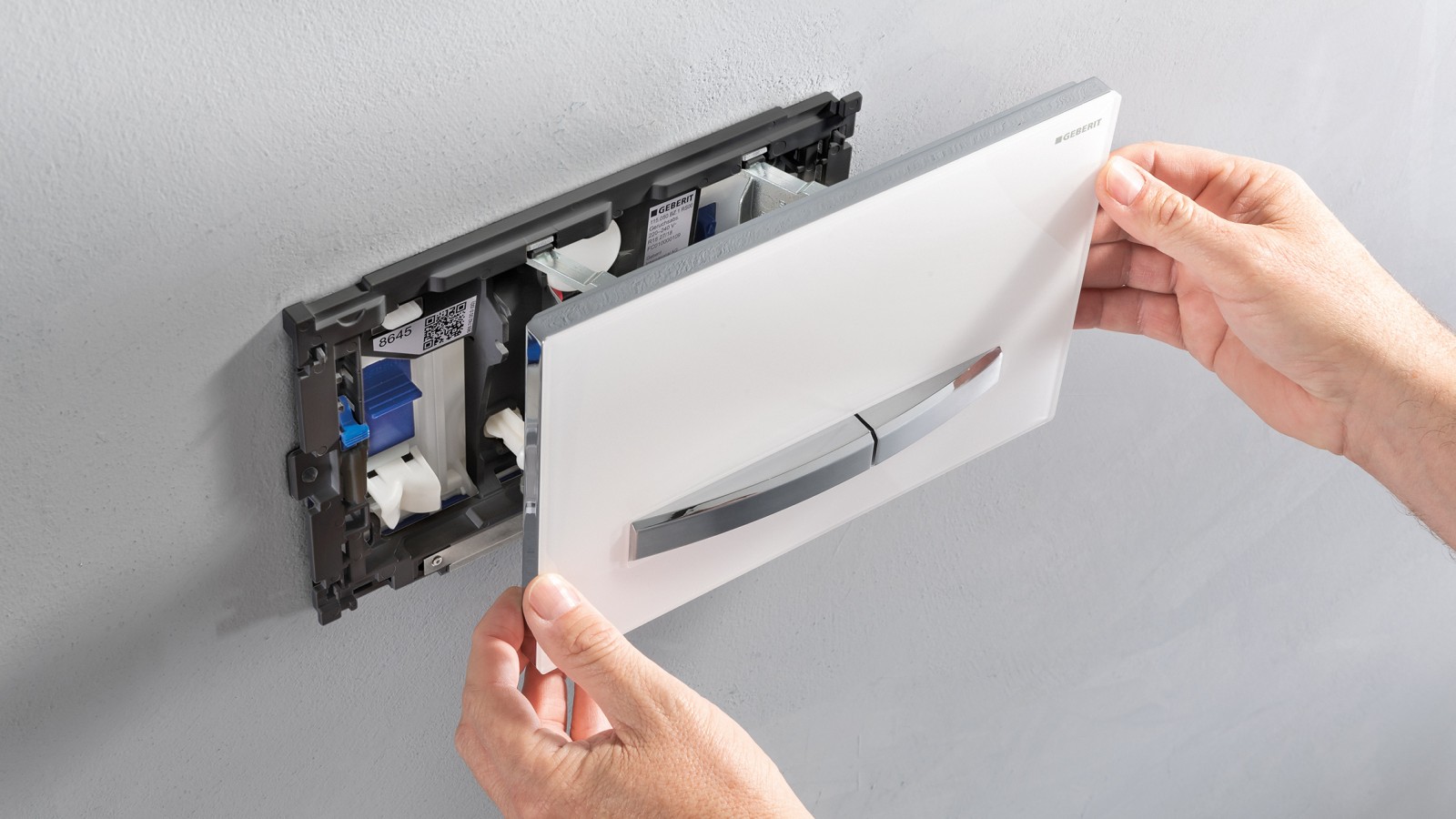 Geberit flush plate with insert for in-cistern block