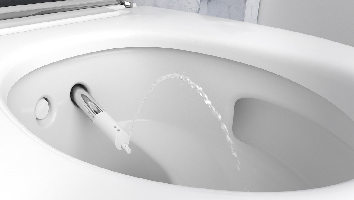 Close-up of the shower arm of a Geberit AquaClean Mera shower toilet