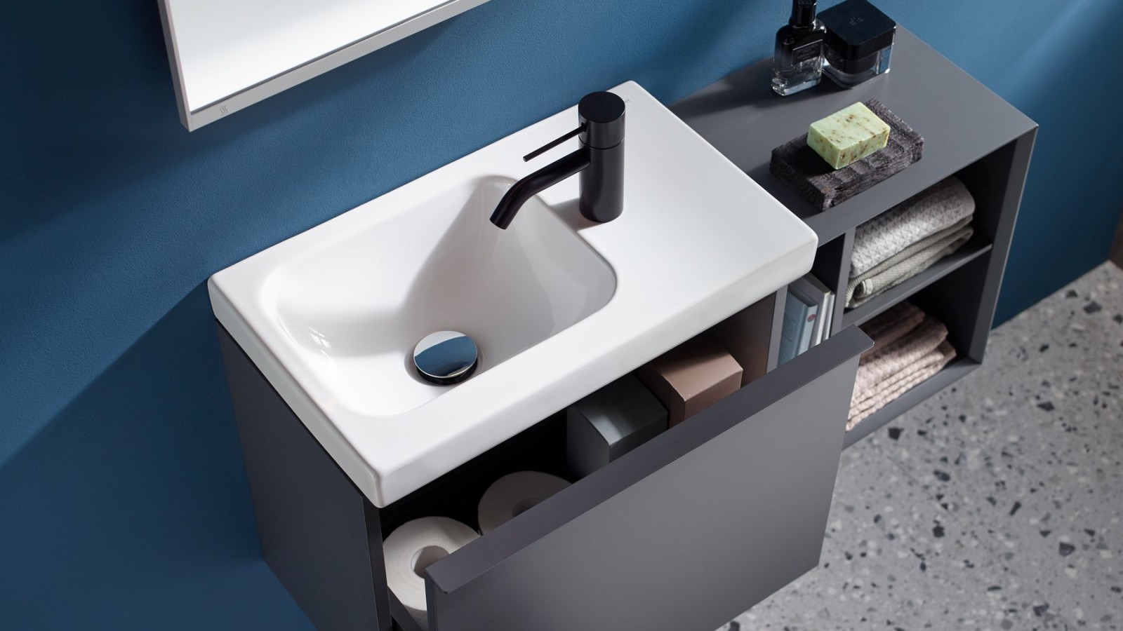 Geberit iCon handrinse basin with washbasin cabinet bathroom series