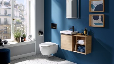 Light coming through a window into a guest WC with a dark blue back wall