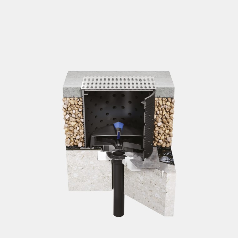 Installation of Geberit Pluvia on a walkable concrete roof with bitumen roof foil