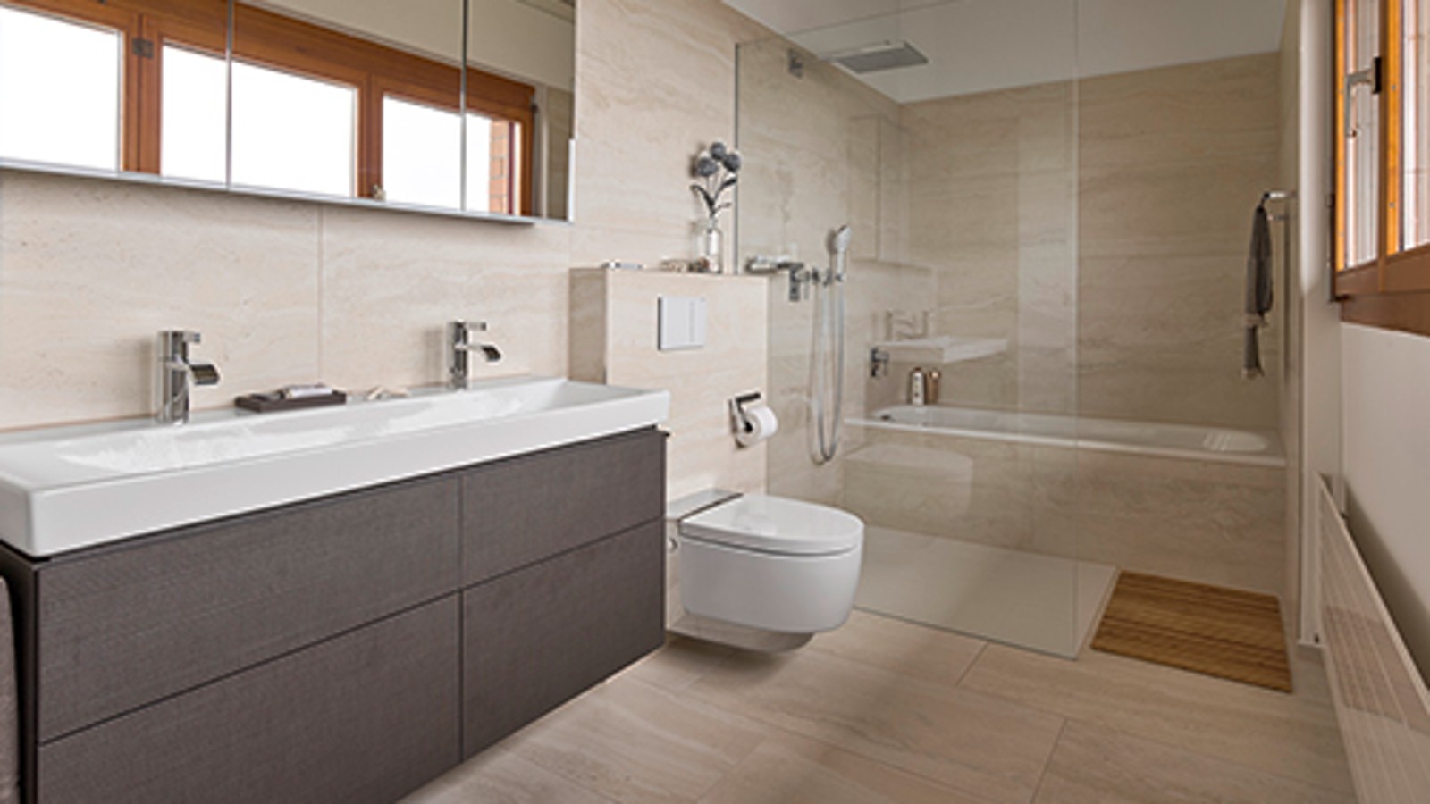 Bathroom with Geberit AquaClean shower toilet after renovation