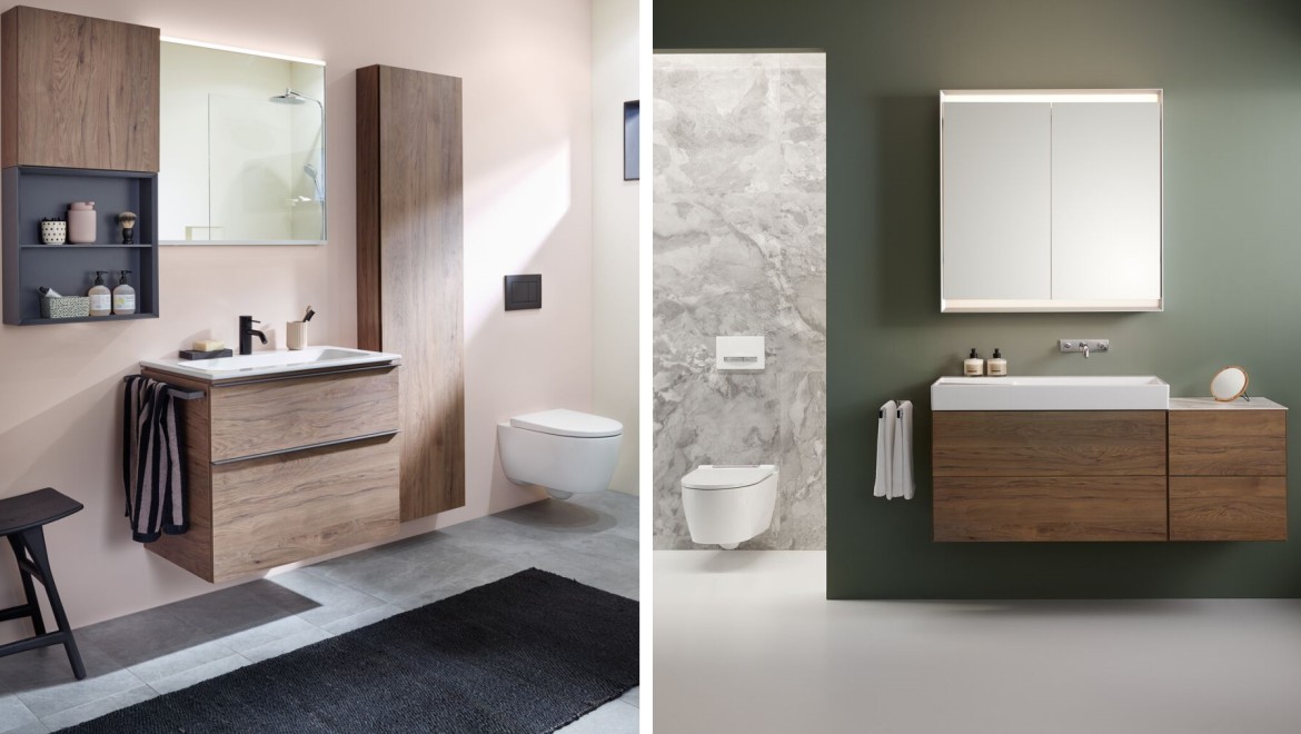 Two Geberit bathrooms with different wall colours in pink and dark green Two Geberit bathrooms with different wall colours in pink and dark green