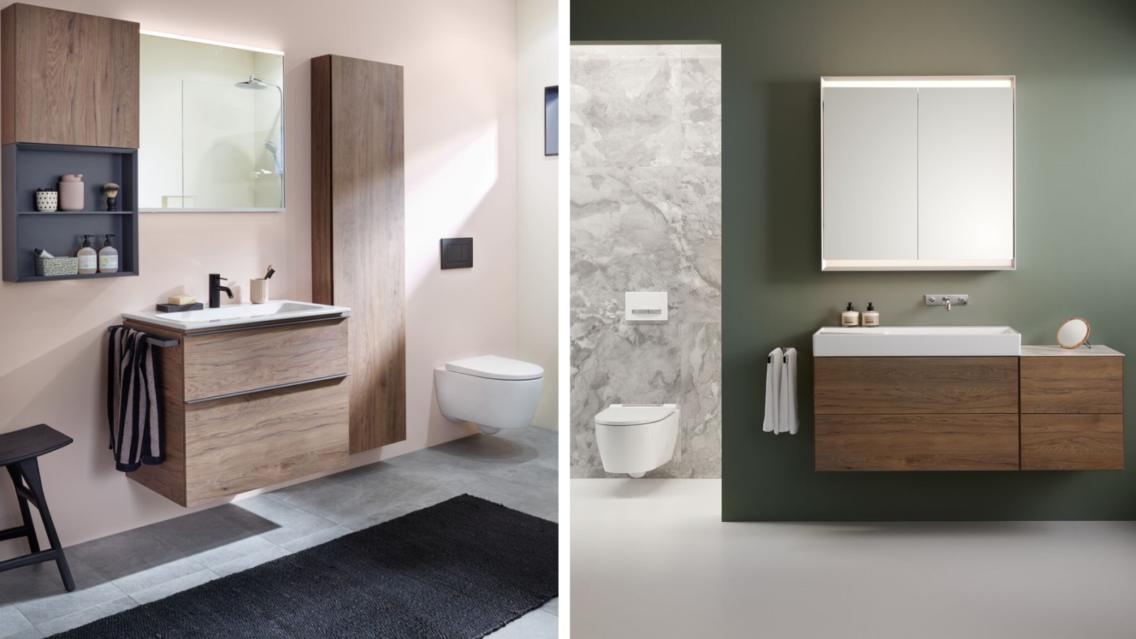 Two Geberit bathrooms with different wall colours in pink and dark green Two Geberit bathrooms with different wall colours in pink and dark green