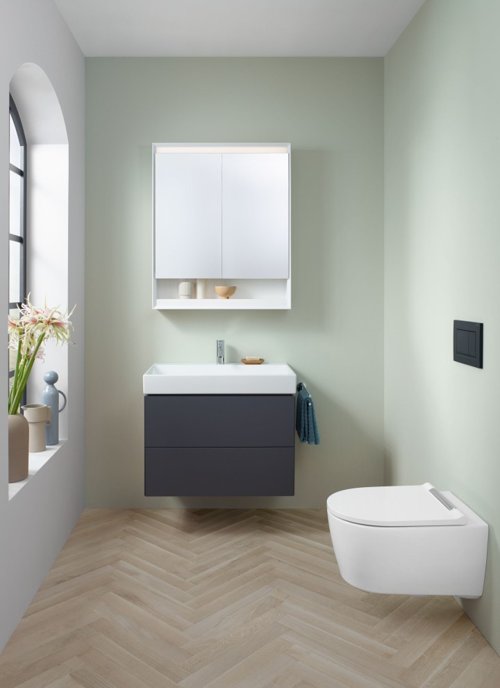 View of a guest toilet with wall-hung WC, mirror cabinet and washbasin cabinet from the Geberit ONE bathroom series