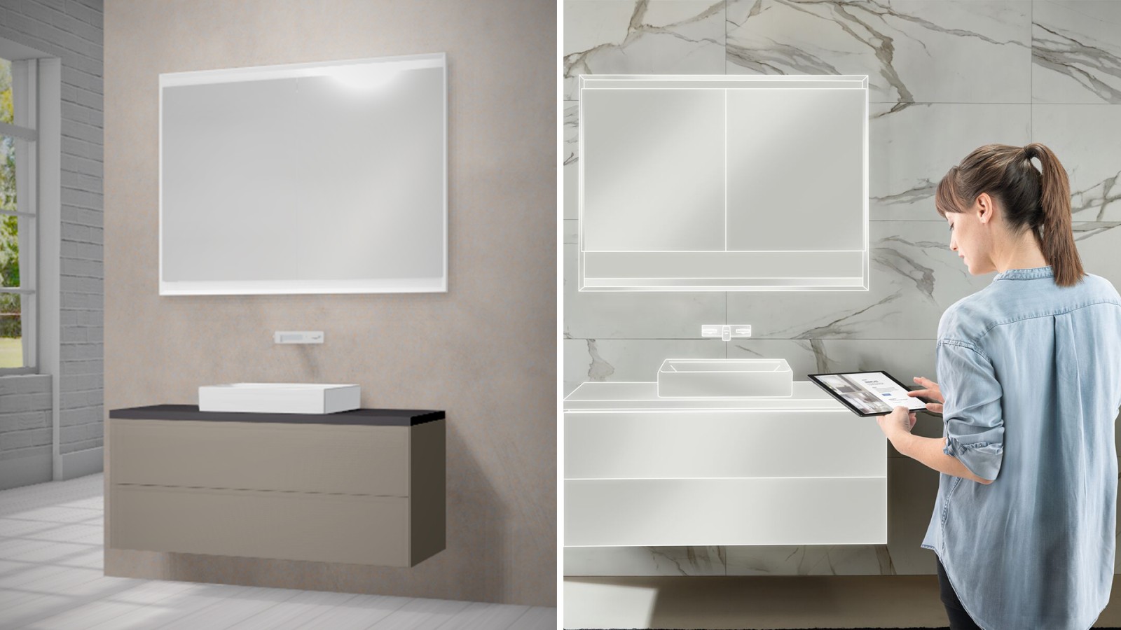 A woman configures her washbasin with the Geberit online configurator A woman configures her washbasin with the Geberit online configurator