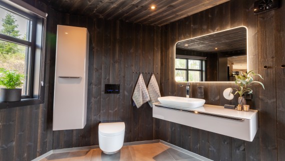 The bathroom is also lined with wood, and in addition to the AquaClean Mera shower toilet, there are also various other Geberit products in front of the wall (© Geberit)